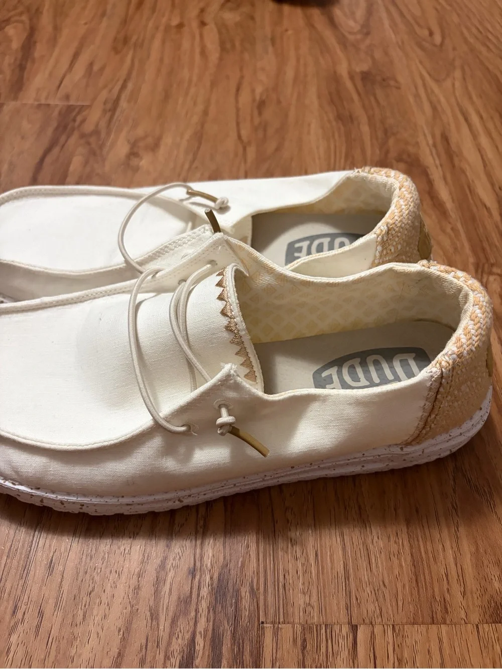Hey Dude Canvas Slip-On Loafers in Cream and Tan Accent